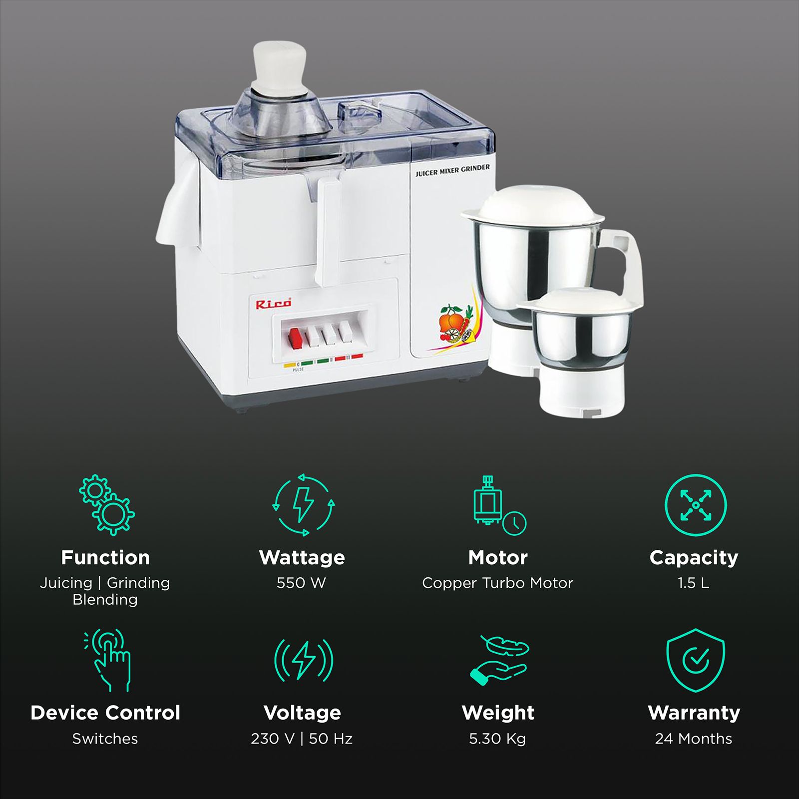 Buy Rico 550 Watt 2 Jars Juicer Mixer Grinder (18000 RPM, Super